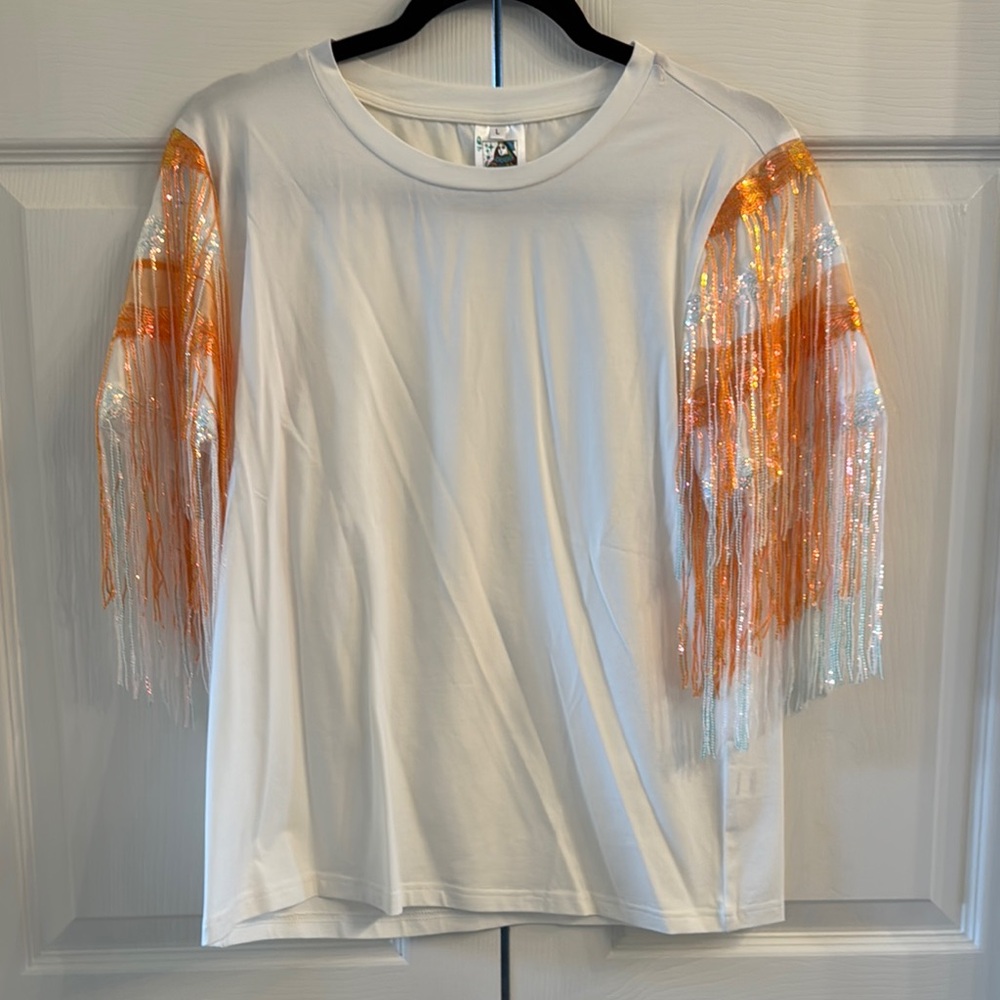 White T-Shirt with Orange and Silver Fringe Sleeves- Queen of Sparkle